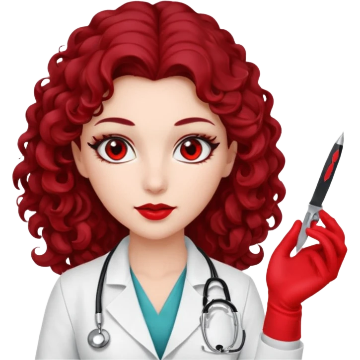 Lilith scalpel in hand, evil surgeon outfit.  She has red eyes. She has dark brown long curly hair. Wears sexy doctor outfit with red gloves emoji