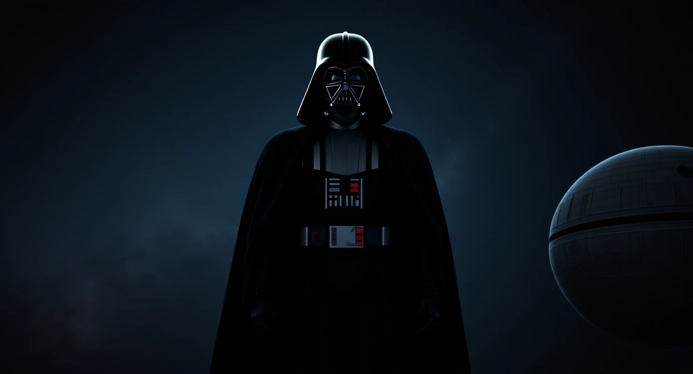 cinematic still, documentary photography, space and death star, well lit scene, Darth Vader floating in space, close up, front shot, rule of thirds emoji