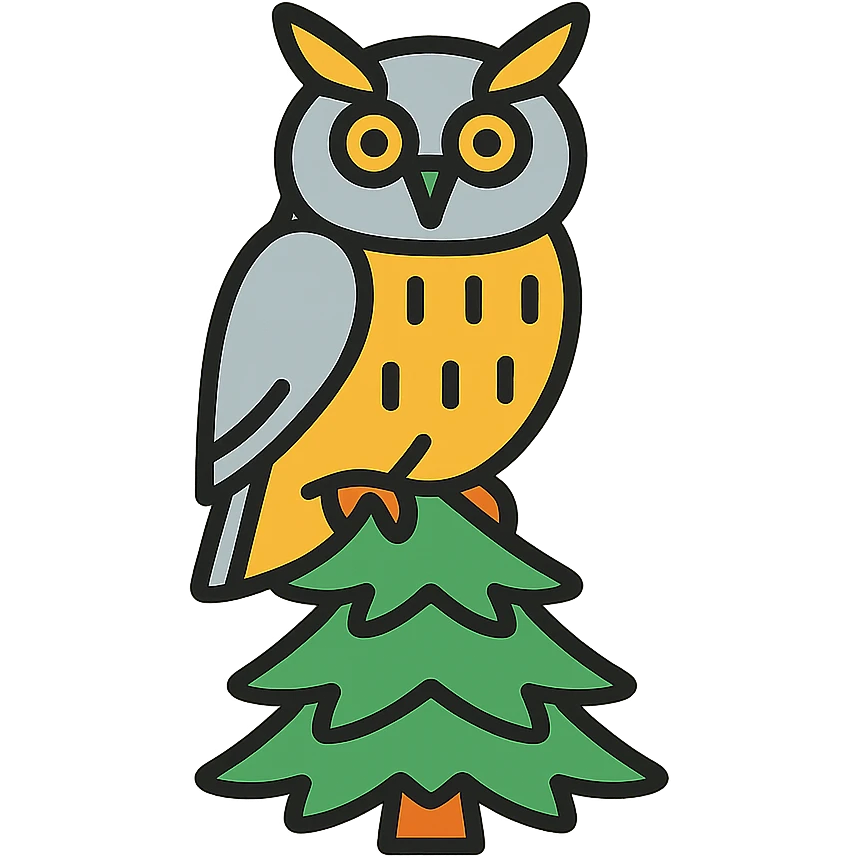 Siberian owl, perched on a pine tree, color outline icon style emoji