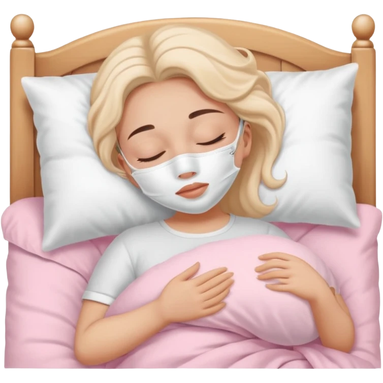 Girl sleeping peacefully with a white beauty face mask on, self care routine. baby pink bedding  emoji