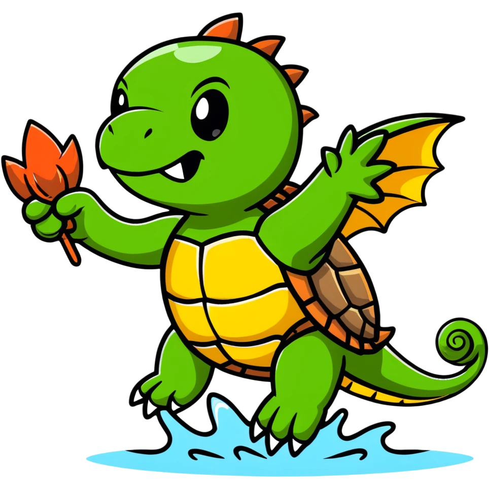 A menacing turtle with spiked shell, dragon-like wings spread wide, fangs bared, sharp claws extended, shooting water and steam emoji