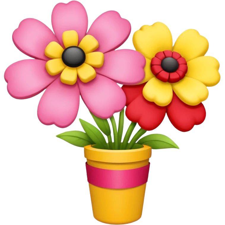 Two flowers one pink and one red in yellow bouquet with red band  emoji