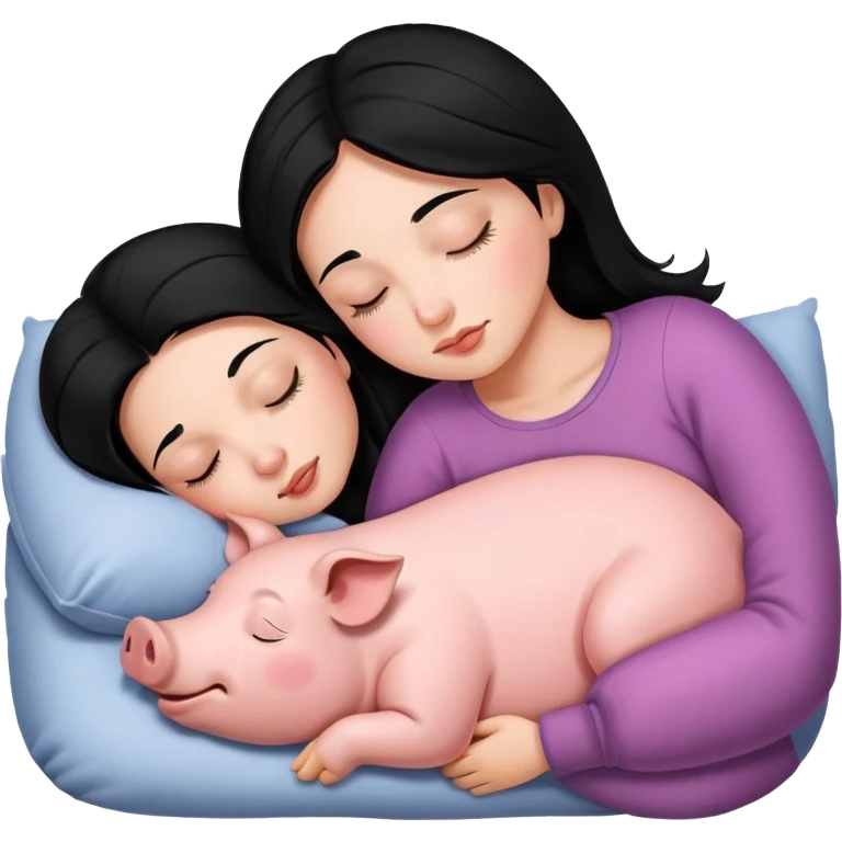 Woman with Black hair is sleeping next to a pig emoji