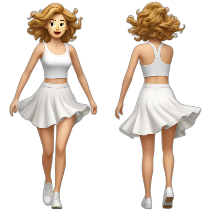 Hyperrealistic Full body Caucasian curvy beauty jumping short white skirt back and front views strong wind emoji