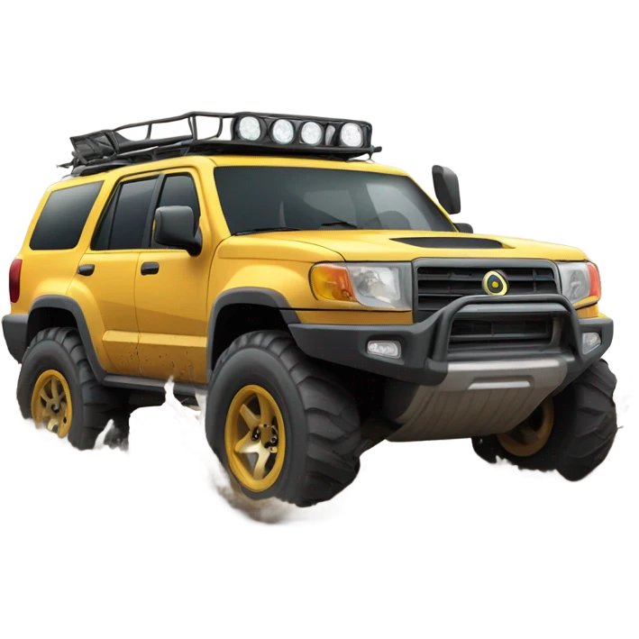 An off-road SUV facing a road full of mud and rocks, with big tires and mud splashing around, showing resistance and adaptability. emoji