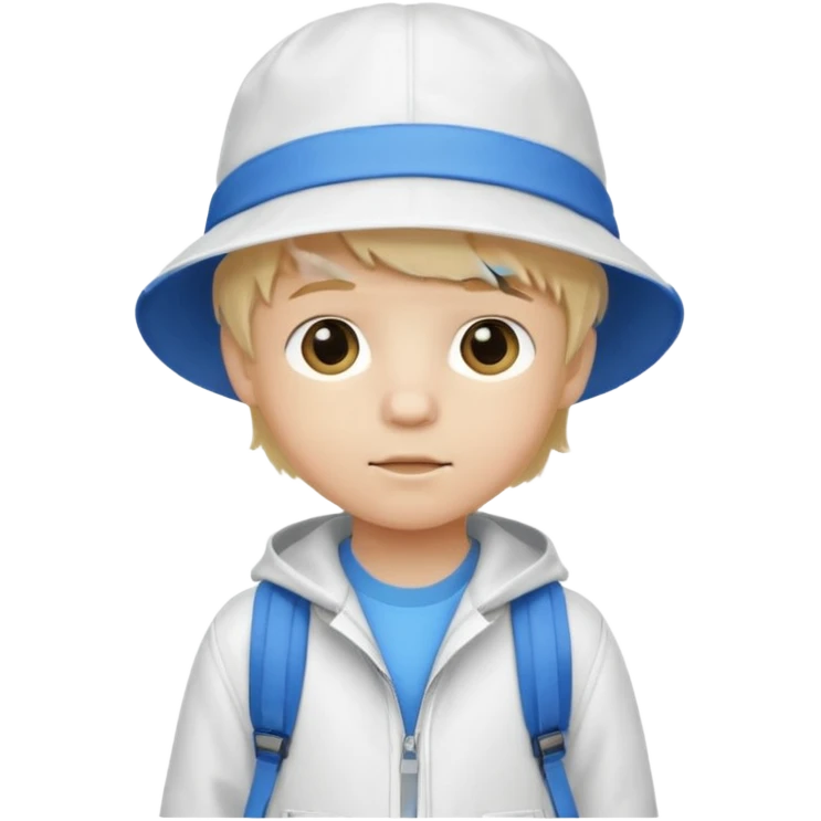 A little boy student white skin, blonde hair, with white bucket hat, white jacket, blue backpack emoji