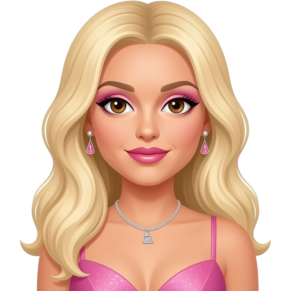 Britney Spears with brown eyes, long blonde hair, pink eyeshadow and lipstick, pink grammy dress, necklace and earrings emoji