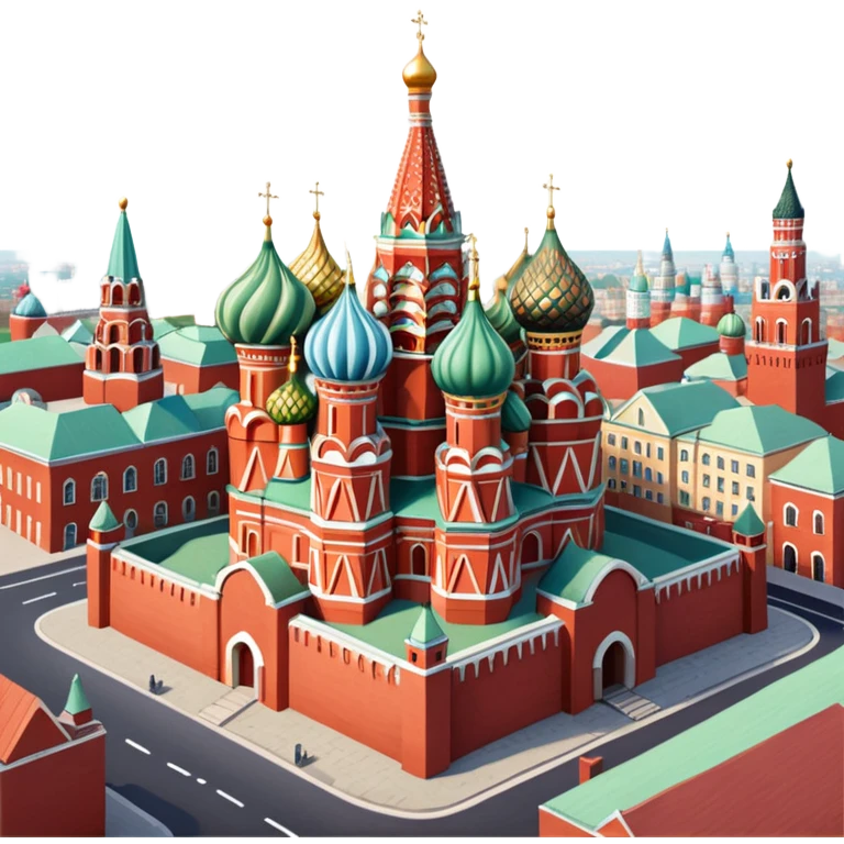 Isometric illustration of Moscow, featuring photorealistic Moscow with colorful onion domes, hand-drawn painterly details, subtle texture on bricks and roofs, realistic shadows and soft lighting, muted yet vivid color palette, diorama miniature effect. emoji