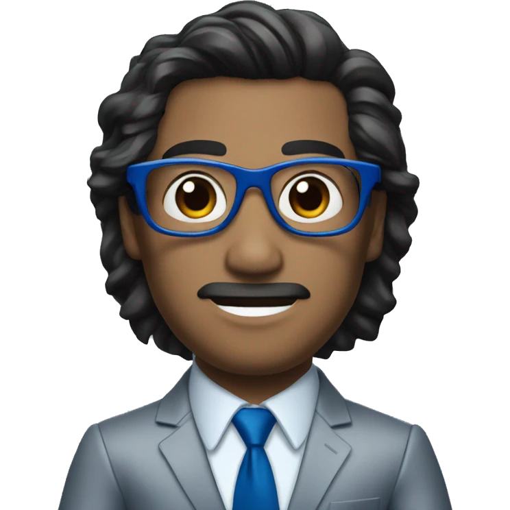 man in blue suit and red tie, black eyes with metallic glasses, black hair, showing hands emoji
