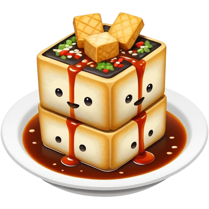 Changsha stinky tofu with dark appearance and sauce, simplified emoji style with bold outlines and bright colors, cartoon style Hunan specialty street food emoji