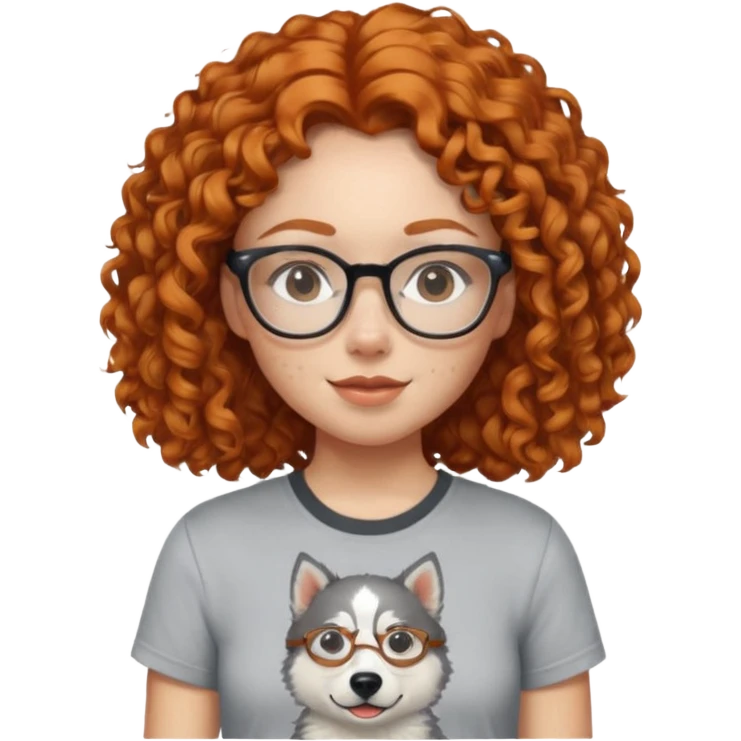 make a ginger girl with freckles and glasess. make her hair curly and she has a husky on her shirt emoji