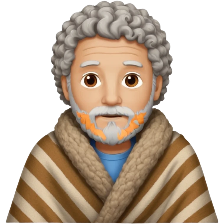 Older Man with curly hair and beard with blanket around head to be warm emoji
