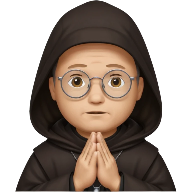 Monk priest prayer black habit with hood round black glasses done light brown wavy hair under hood remove the medallion smaller more round glassed age 46 remove necklace thinner or more oval face  emoji
