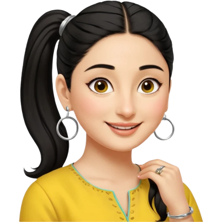 generate a pretty bratz emoji that looks like Kareena Kapoor's Geet character. 
Make her wear a yellow kurti, silver hoops, black hair in a ponytail. smiling big

She should look like Kareena Kapoor emoji