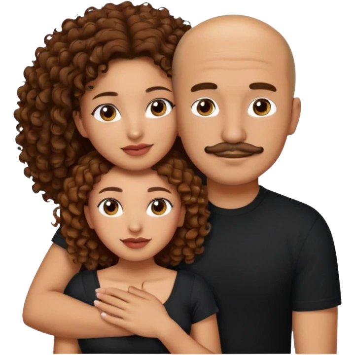 A mixed girl, the girl is wearing a black shirt, the girl has brown curly hair  and the girl has big boobs. A Mexican man is embracing her, with bald hair and a short boxed mustache  emoji