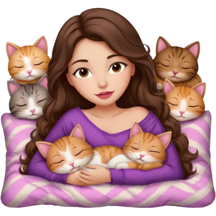 girl with long wavy brown hair, brown eyes, long lashes makeup, sexy pink lips, light to medium complexion, sleeping on a cozy pillow with 6 cats emoji