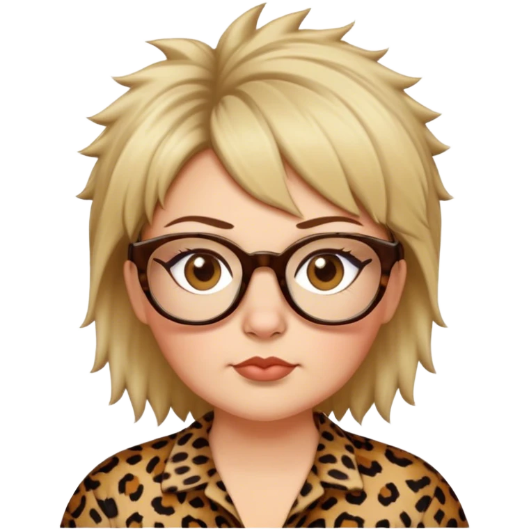 chuby white women dressed in leopard with short medium brown and blonde shaggy spiked hair wearing glasses with hazel color eyes and wide flat nose emoji