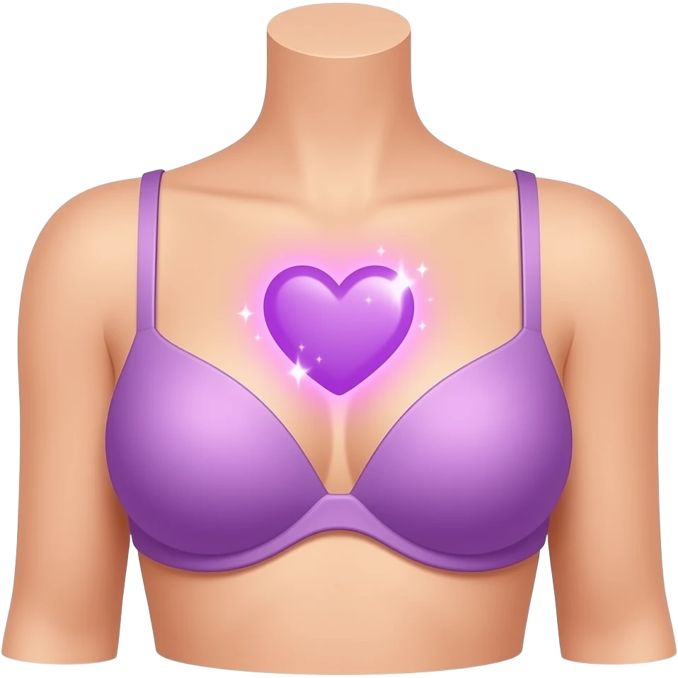 iOS-style emoji of  close up of a feminine human torso ( who wear a bra )with an  little anatomical purple heart in the chest, soft pink-purple aura with sparkles, smooth gradients, glossy finish, minimal details, neutral background. emoji