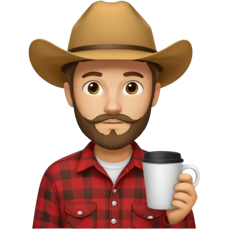 generate an ios genmoji of a 20 year old tan boy with a cowboy hat and side burn beard. Wearing a flannel and carrying a coffee mug emoji