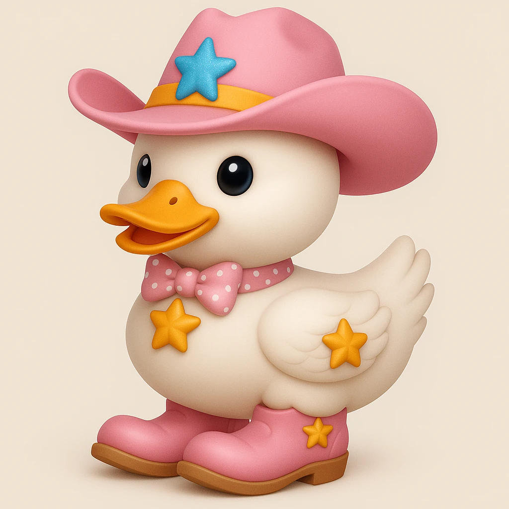 A white duck wearing a pink cowboy hat with a pink bow around its neck and pink cowboy boots with yellow stars, in ios 3d style, ios 18 style. emoji