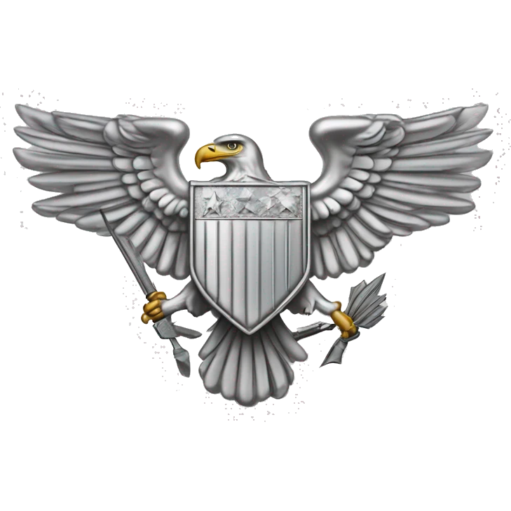 Create an emoji of a silver US Army O-6 Colonel insignia: a detailed silver eagle with outstretched wings, clutching arrows and bearing a shield on its chest. Ensure the background is transparent. The entire thing should be silver emoji