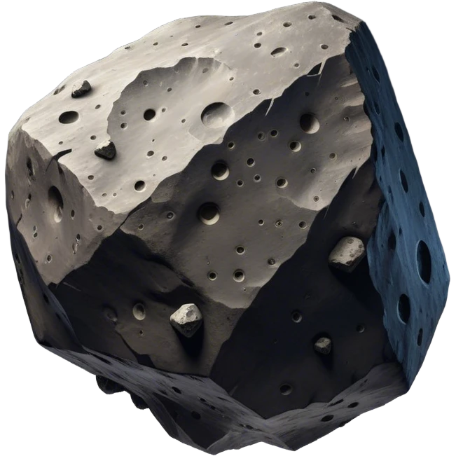  Cinematic Realistic Asteroid – A massive, irregularly shaped rock floating through the void, its cratered and pitted surface showing signs of ancient impacts. The harsh light from a nearby star reveals detailed textures and rugged, jagged edges. emoji