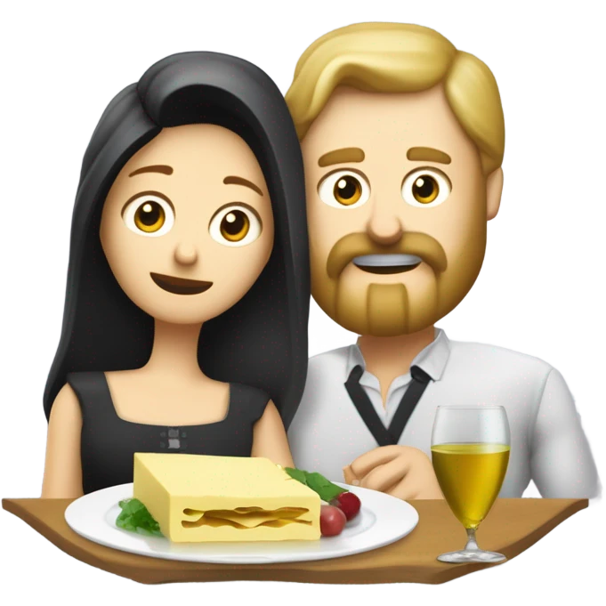 Repas raclette et deux verres de vin blanc en couple, femme blonde cheveux aux-dessus des épaules homme petite barbe et moustache grisonnantes et cheveux bruns grisonnant  emoji
