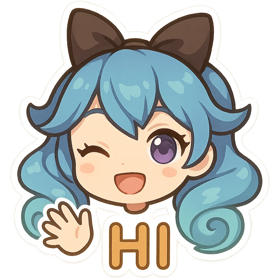 Gwen from League of Legends, hi emote, chibi style, only head, right eye purple, waving hand, sample 3 emoji