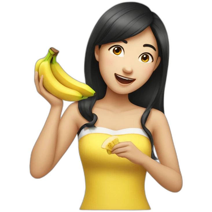 A beautiful asian girl eating a banana and winking emoji