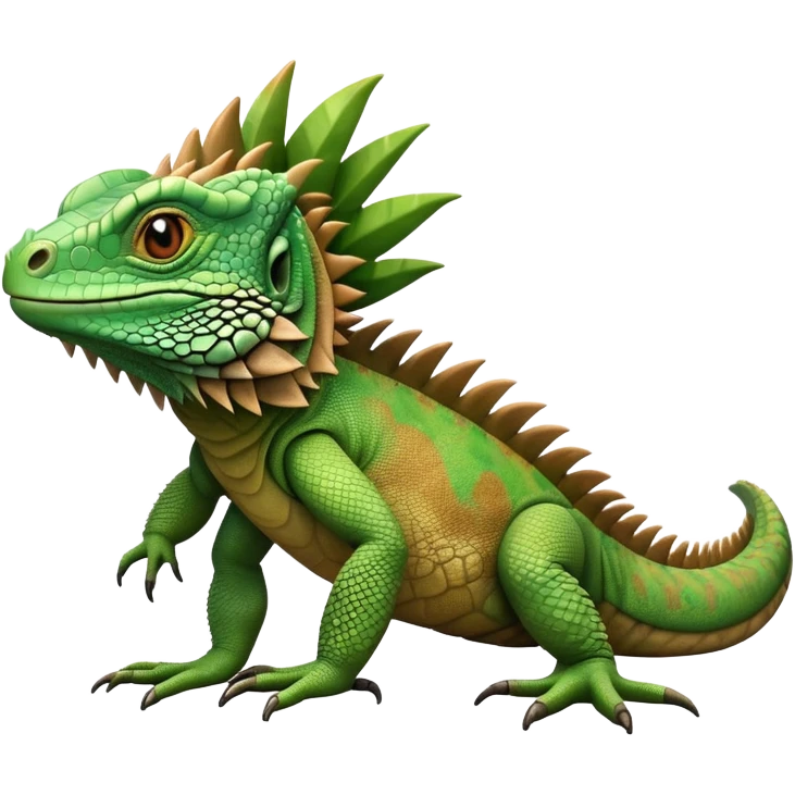 cinematic-iguana-realistic-full-body-basking-emoji,-long-scaly-body-stretched-out,-spiny-ridge-running-down-its-back,-textured-green-and-brown-skin-dappled-with-light,-sharp-intelligent-eyes-studying-the-surroundings emoji