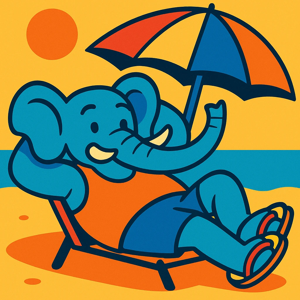 an elephant in a tank top and flip flops, relaxing under a beach umbrella emoji