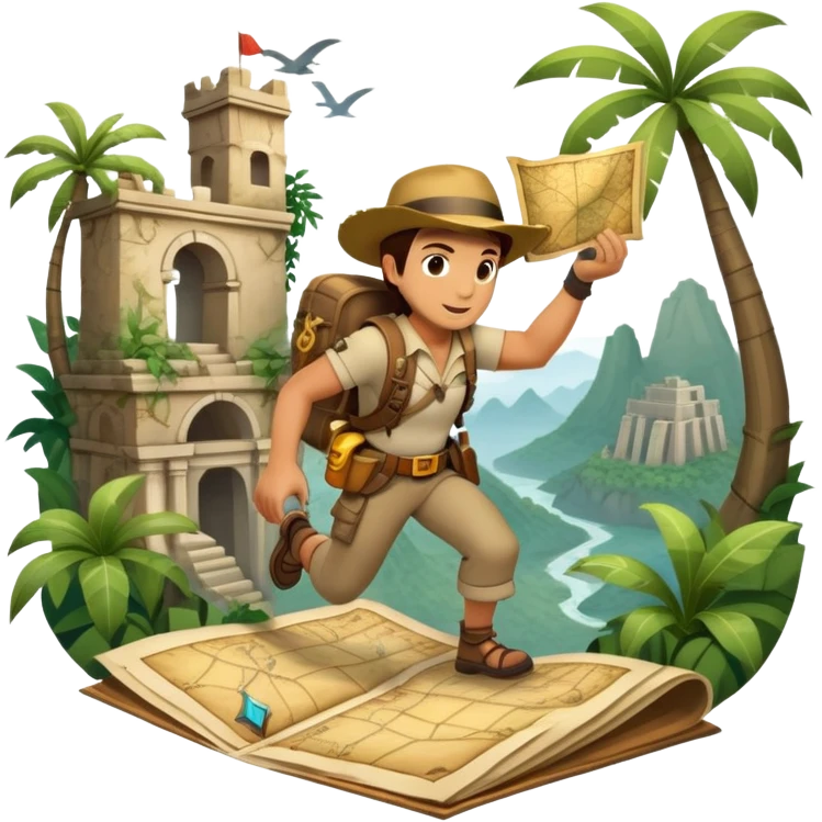 An icon featuring an adventurer in a dynamic action pose with treasure map, ancient ruins and jungle landscapes in the background. The design includes clues, hidden passages and climbing gear, symbolizing the thrill of exploration and discovery. Transparent background. emoji