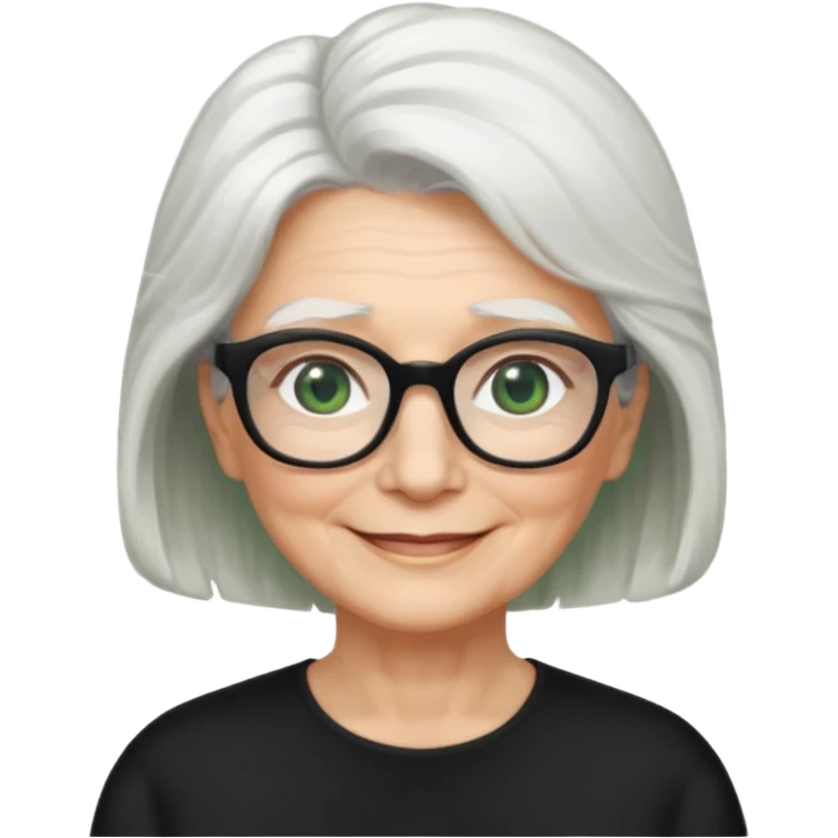 White hair grandma, green eyes, hair to shoulder, lokeg black glasses, rectangles face, smile , emoji