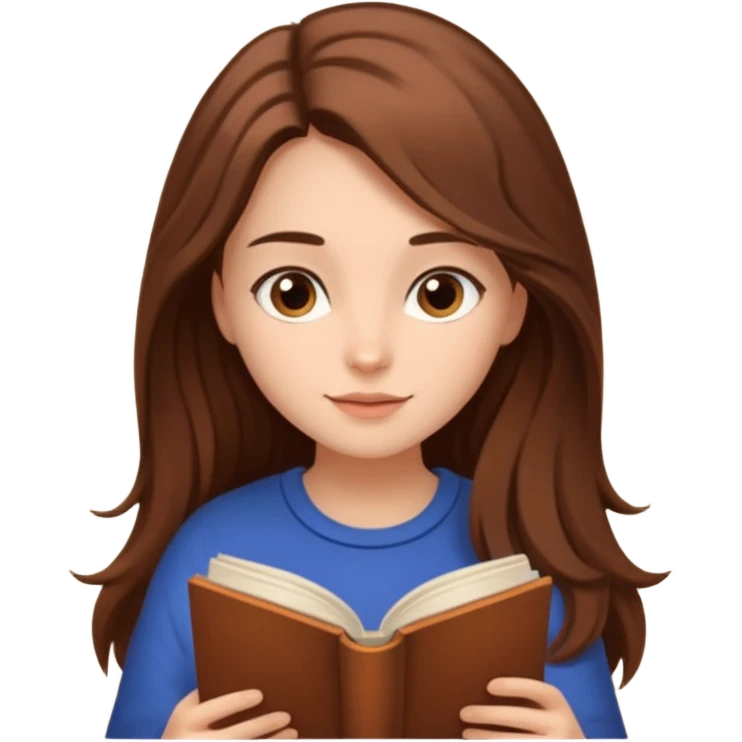 Cozy girl with long brown hair and brown eyes reading  emoji