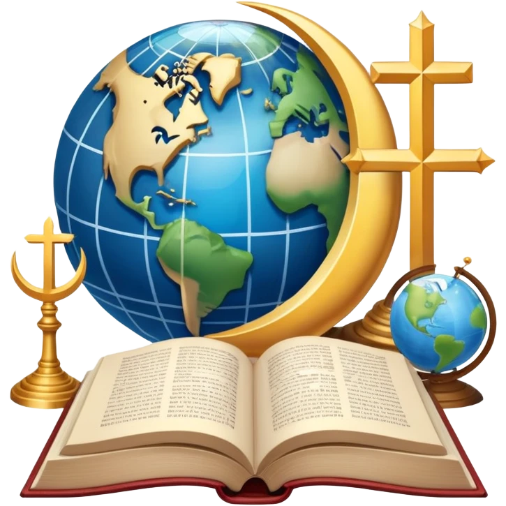 An icon featuring religious symbols like a cross, crescent moon, and star, alongside an open book, symbolizing the study of religion. The design includes a globe and a temple in the background, representing global faith traditions and spiritual exploration. Transparent background emoji