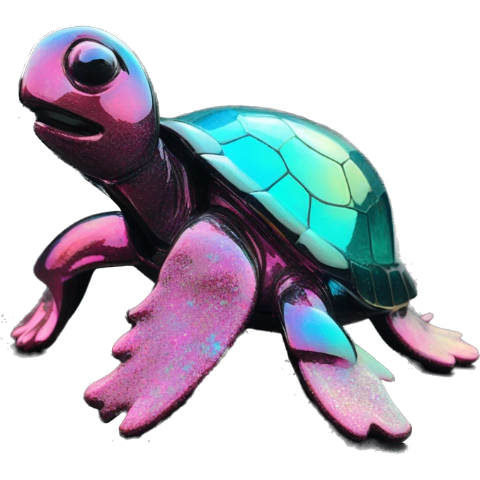 Sparkling cyan pink Turtle made from rainbow oilslick cyan glass, stained glass art emoji
