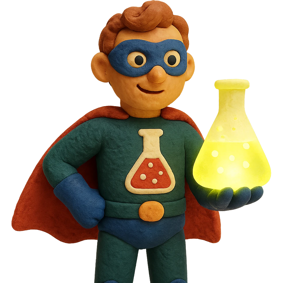 claymation style chemistry superhero with soft textures holding a glowing beaker emoji