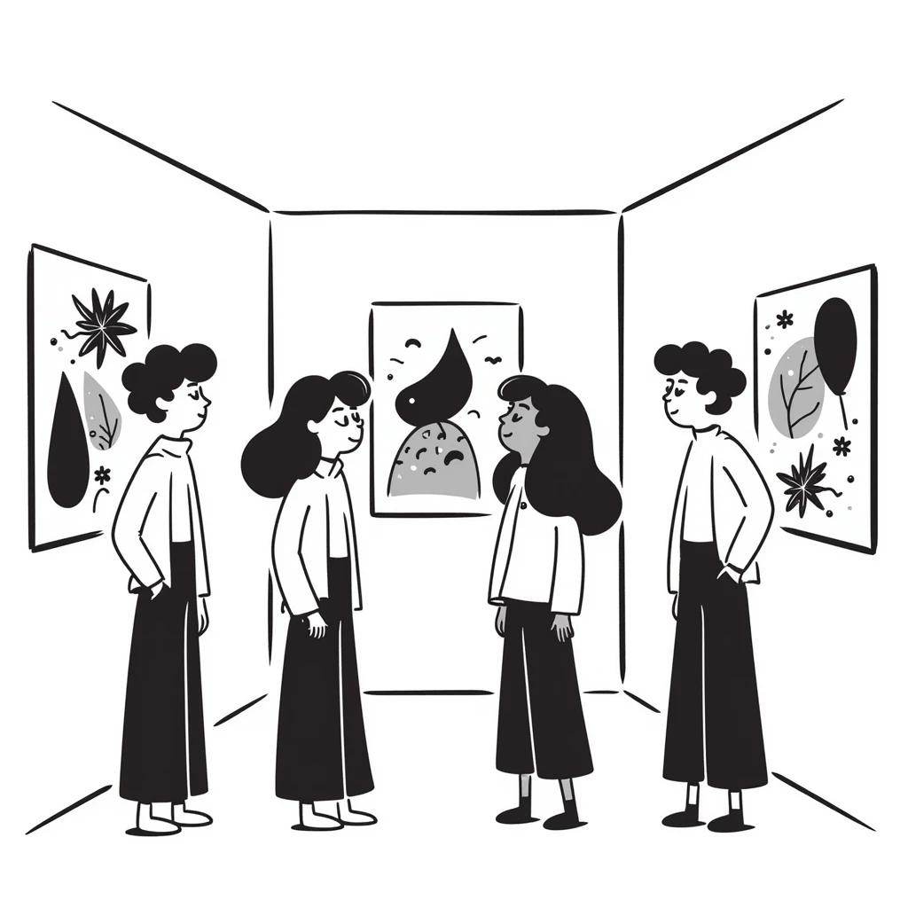 group of people standing looking at an art exhibit emoji