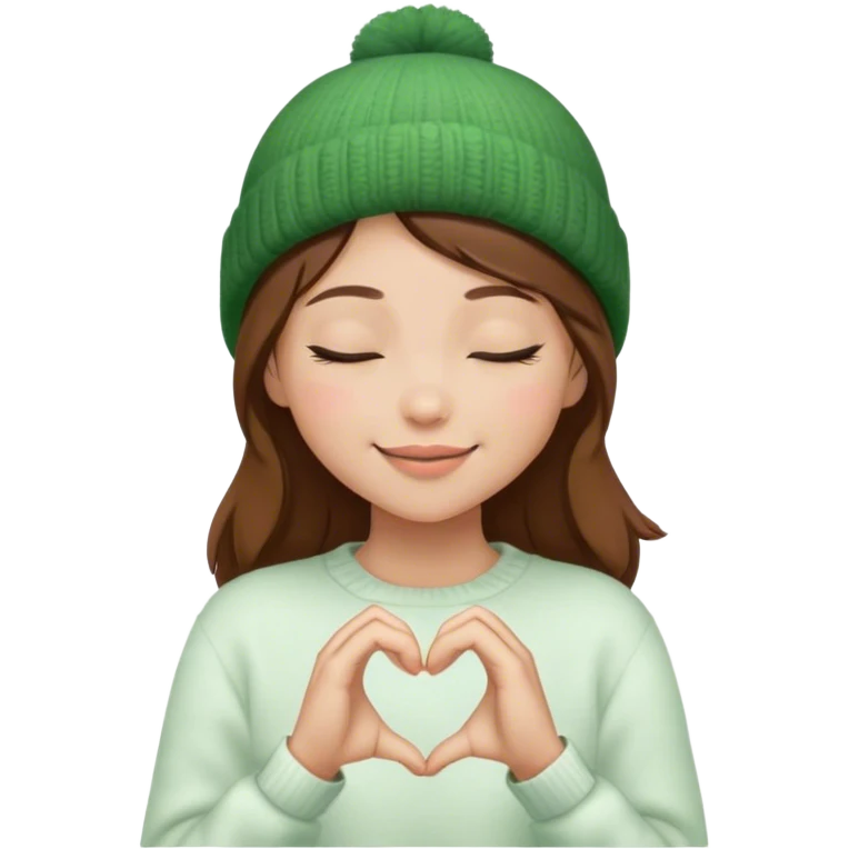 closed eyes peaceful brown hair girl closed eyes stylish in a green beanie hat in white sweater smiling making heart from her hands  emoji