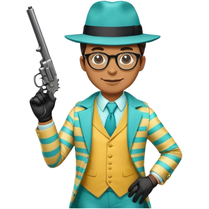 a detective in a yellow striped suit and turquoise vest, with a wide sly smile and wearing a hat, glasses, black gloves, holding a revolver emoji