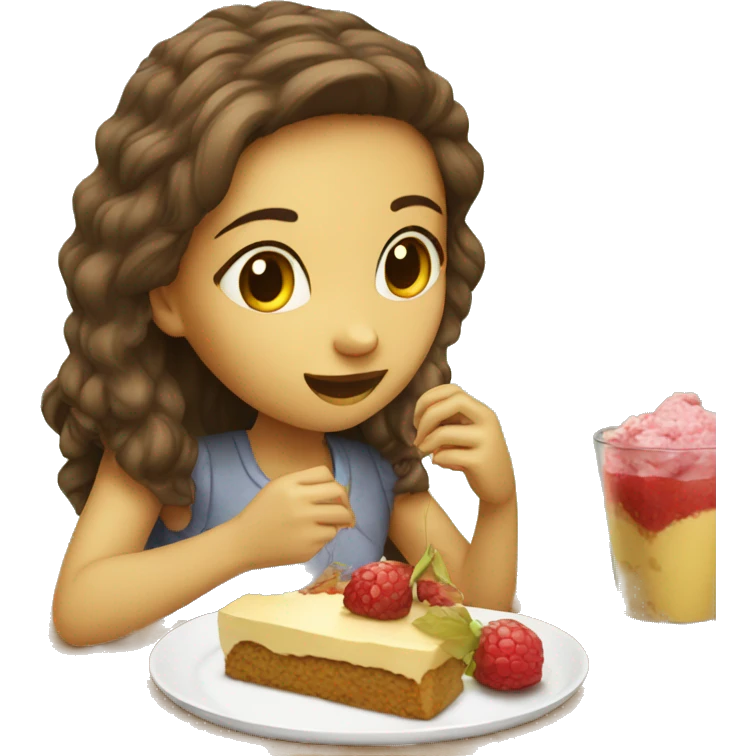Girl eating desert on a table emoji