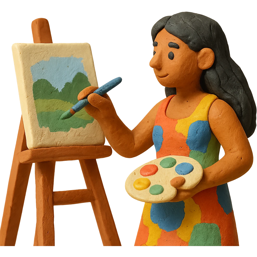 tanned woman artist with long black hair, wearing a colorful dress, painting at an easel, holding a palette and brush, claymation style emoji