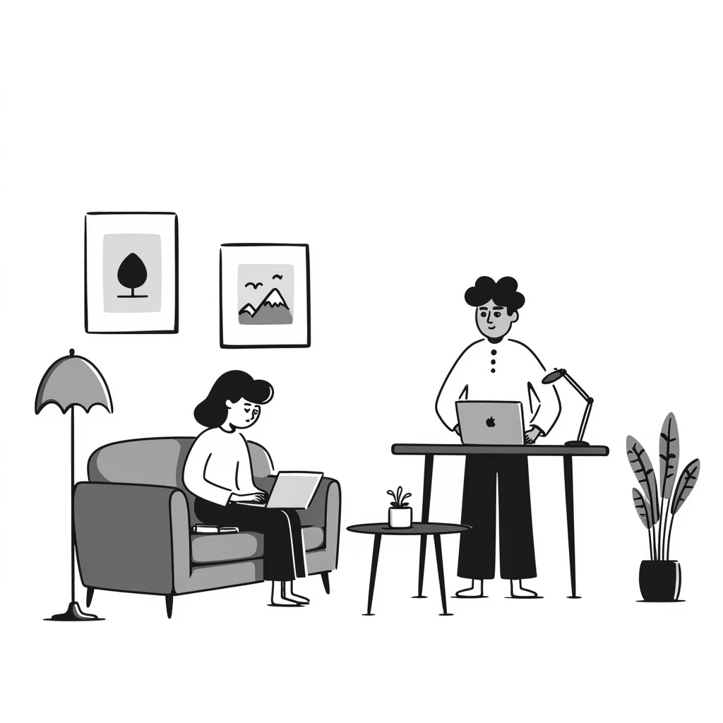 escenary 3d of a cozy mid-century living room with two people working on laptops, one man standing at a desk and one woman sitting on a couch, two walls and floor visible emoji