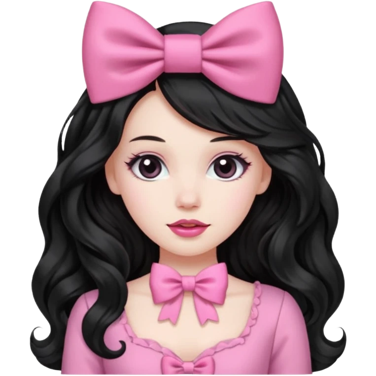 black hair with wavy long hair and pink clothes coquette vibes, a bow emoji