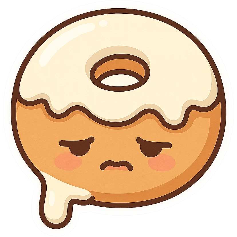 a donut with white creme leaking out, tired face, cartoon style emoji