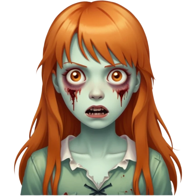 zombie girl with long ginger hair and bangs, expressive face emoji