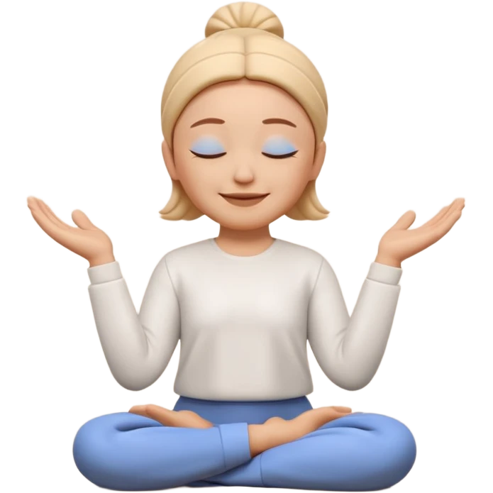 Apple Memoji style 3D character, male/female, eyes closed with a peaceful serene smile, hands making a 'zen' or 'relax' gesture, soft studio lighting, high resolution, 4k, octane render, clean 3D clay texture, vibrant colors, isolated on a plain white background." emoji