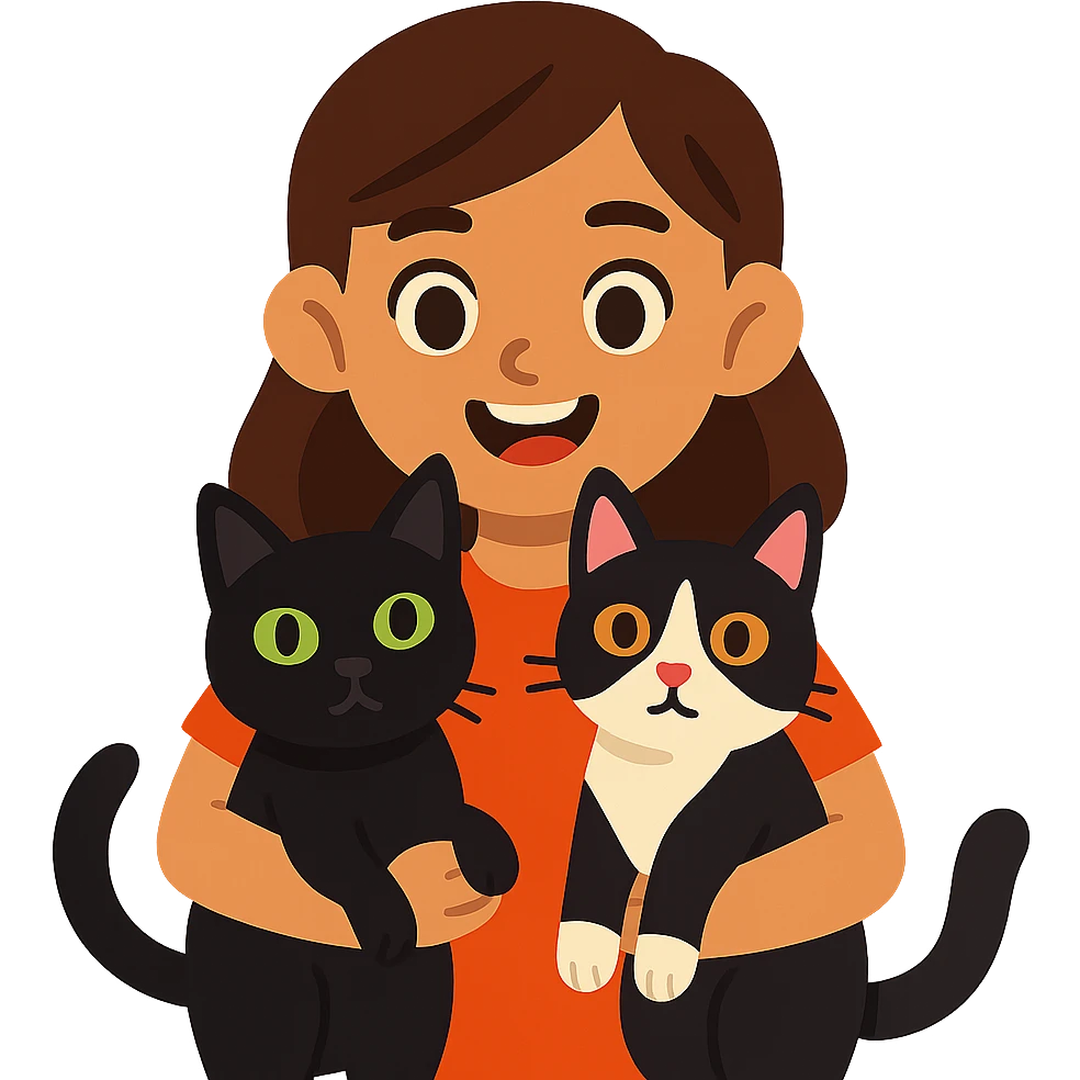 brown haired girl with light tan skin and brown eyes holding a black Bombay cat with green eyes and a black and white Tuxedo cat with hazel eyes emoji