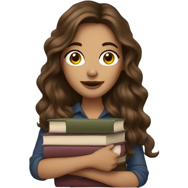 A woman with long wavy brown hair and books emoji