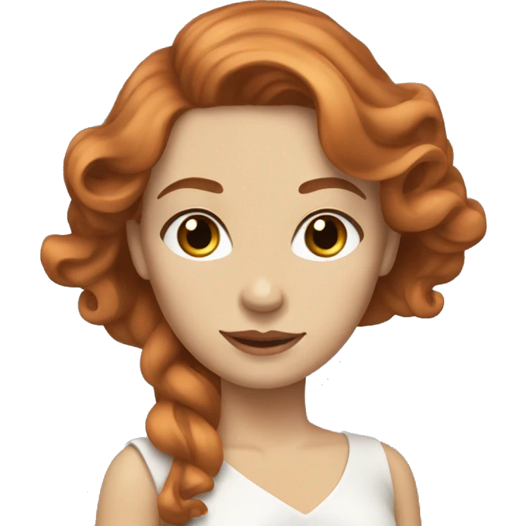 A woman with long copper-colored, wavy hair, hazel eyes, white skin and wearing an elegant dress emoji